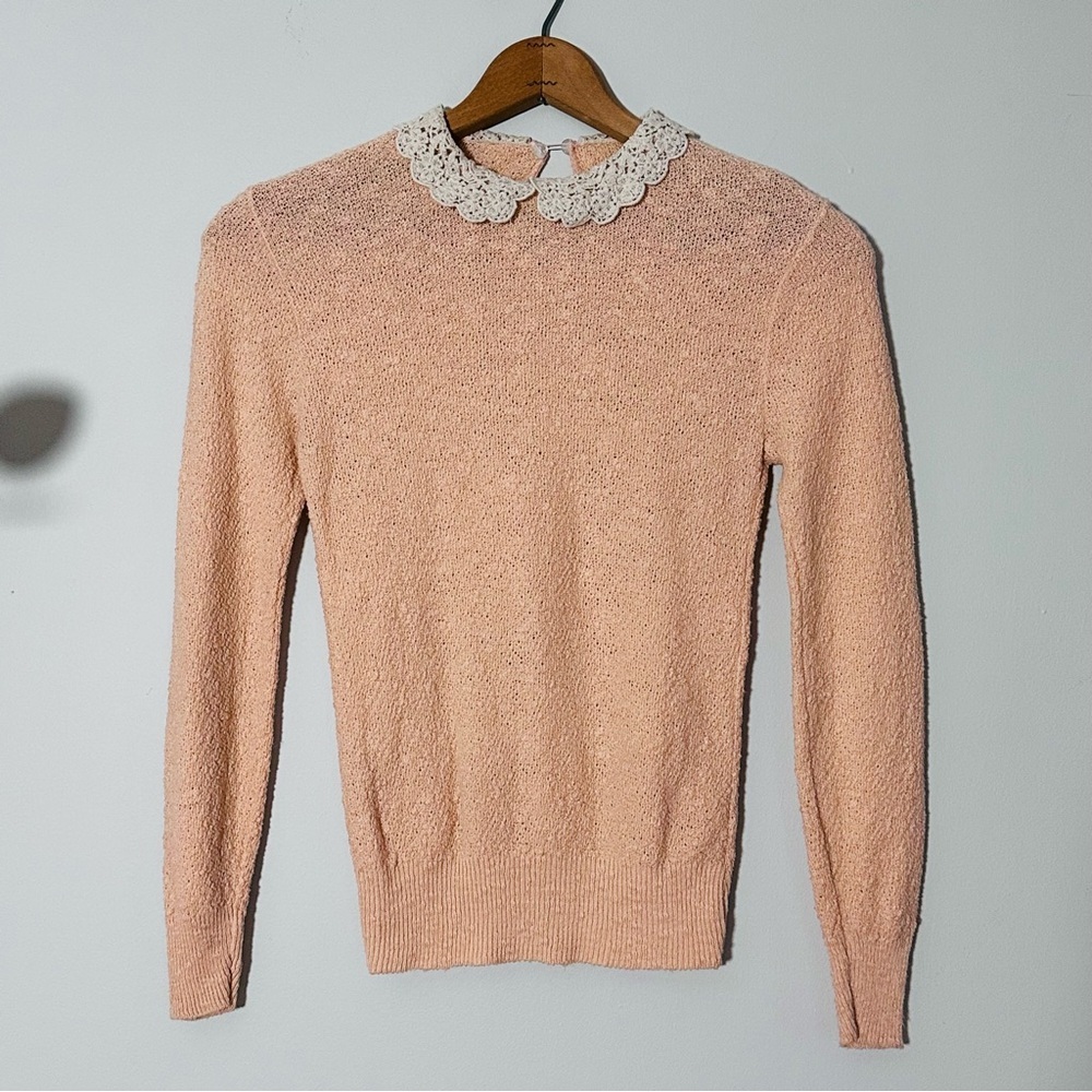 Vintage 50s/60s Women’s Peach Cotton Knit Sweater w/ Crochet Peter Pan Collar Sm